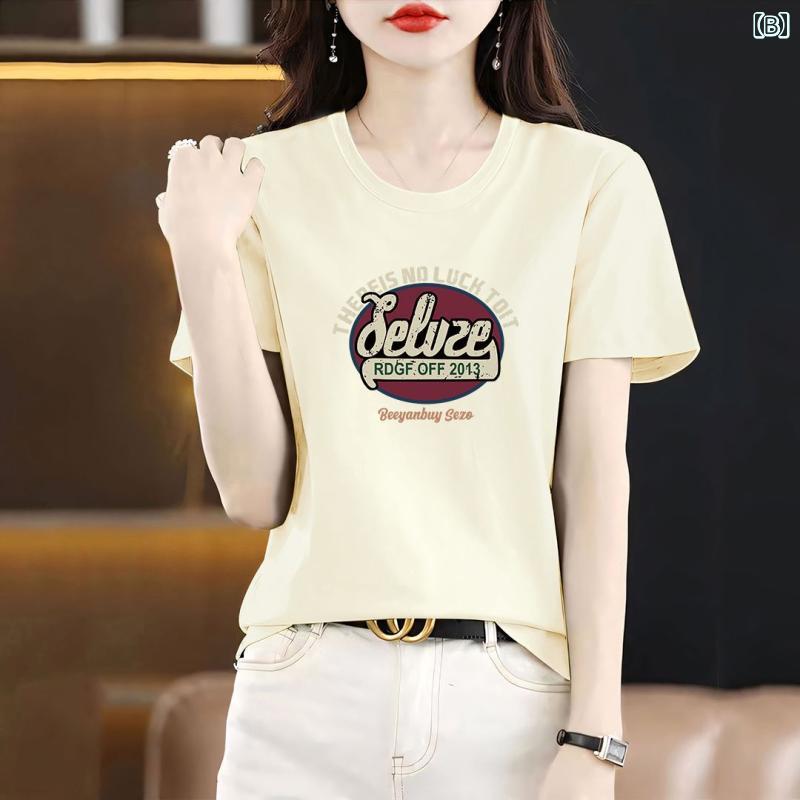 レディース トップス カジュアル おしゃれ エレガント 右 肩 綿 100 半袖 Tシャツ ゆったり スリム プリントインナー レ耳飾り シャツ