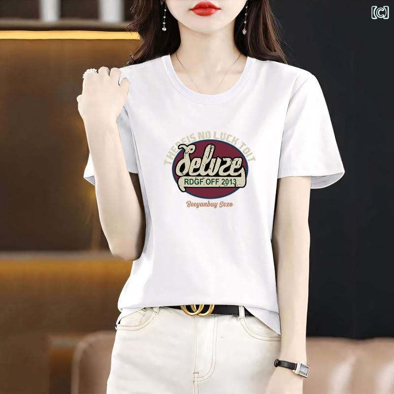 レディース トップス カジュアル おしゃれ エレガント 右 肩 綿 100 半袖 Tシャツ ゆったり スリム プリントインナー レ耳飾り シャツ