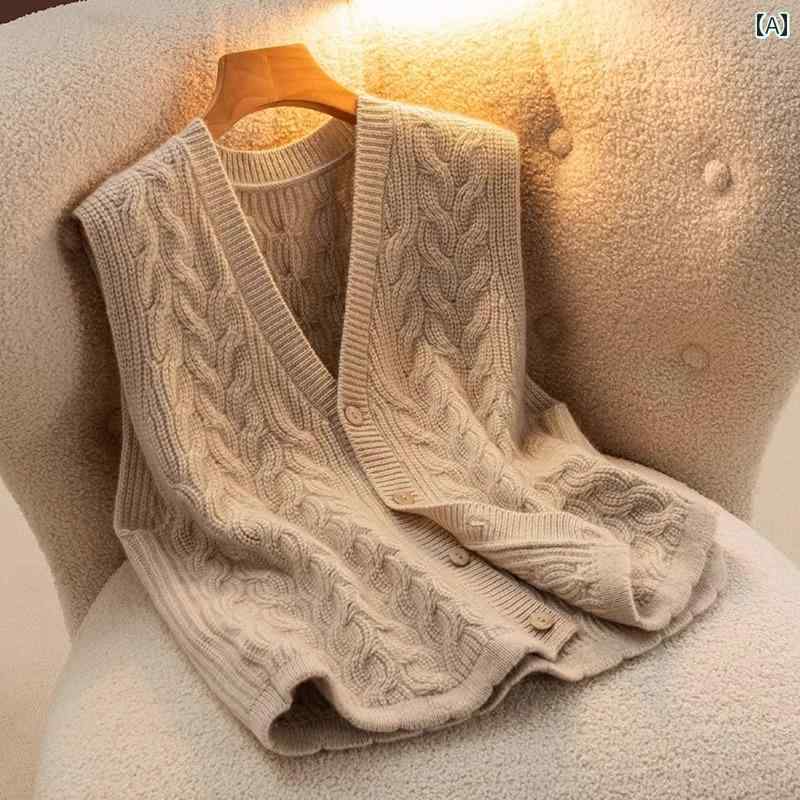 レディース トップス カジュアル おしゃれ エレガント 無地 ケーブル ニットカーディガン ベスト 秋冬 Vネックノースリーブ チョッキ スタック ベスト