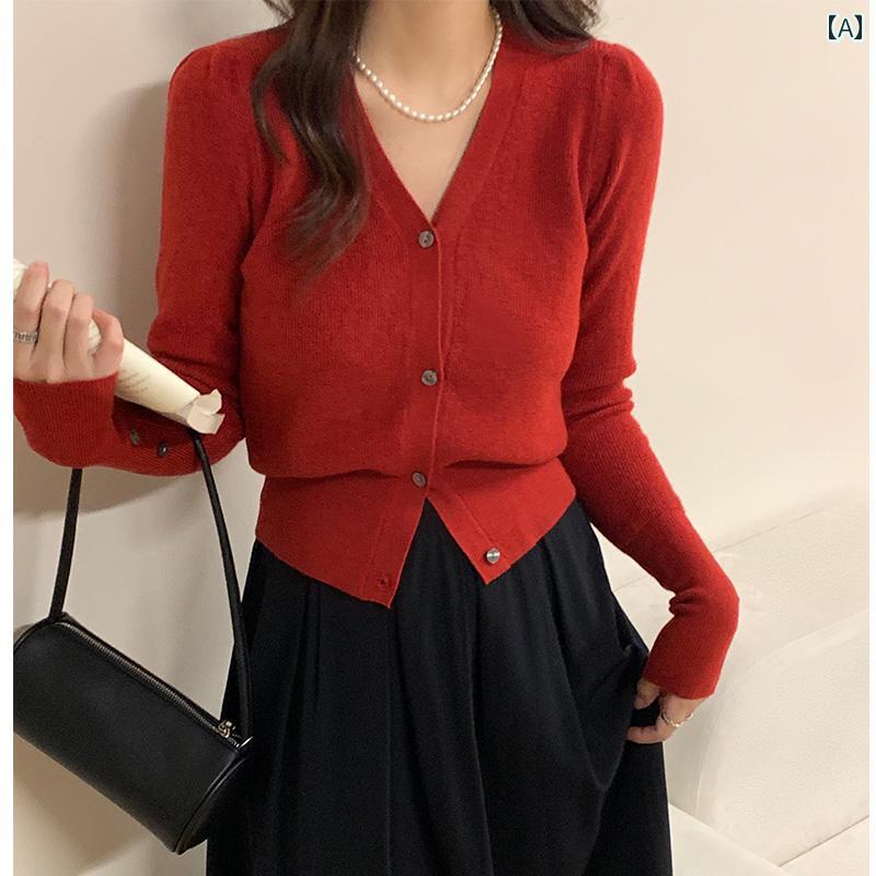 トップス レディース おしゃれ カジュアル 秋冬 Vネック スリム ウエスト 感 誕生年 赤 ニットカーディガン ショート 新年 セーター