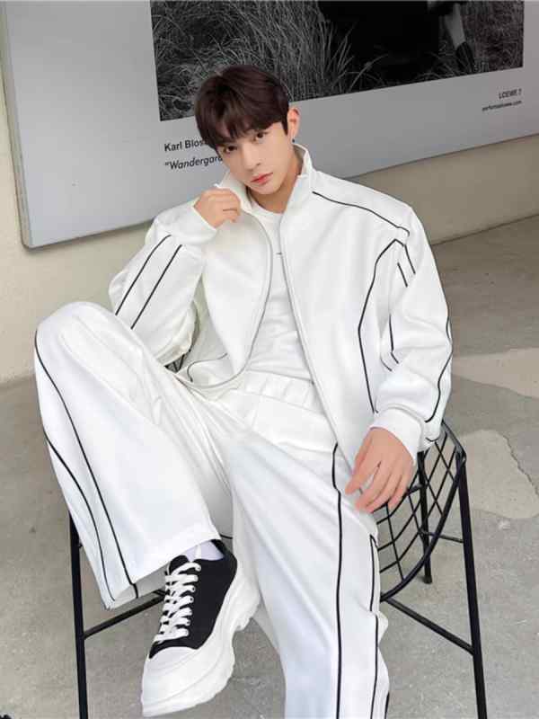 セットアップ メンズ カジュアル おしゃれ 秋 スポーツ スタンドカラー カーディガン ゆったり ジャケット ワイド パンツ トレンド 韓国