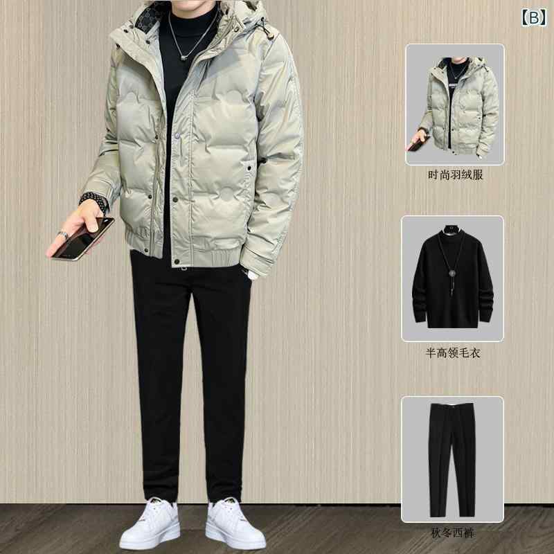 セットアップ メンズ カジュアル おしゃれ ダウン ジャケット ショート フード 冬 コート 厚手 暖かい 紳士服