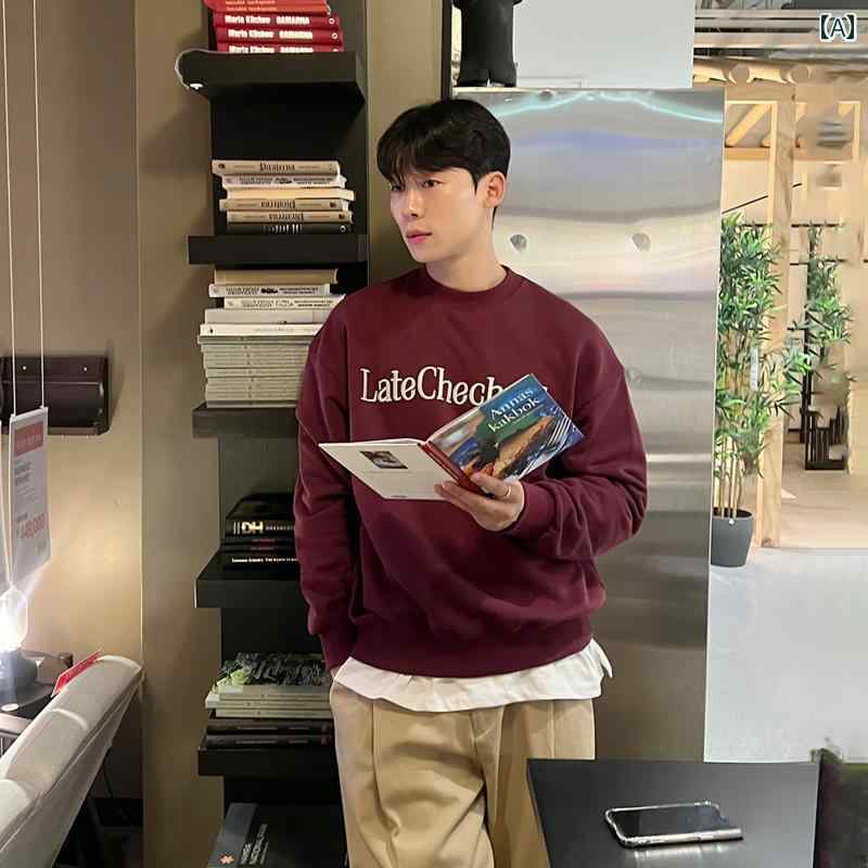 メンズ トップス カジュアル ファッション おしゃれ 春秋 ラウンドネックプルオーバー スウェットシャツ 韓国 レトロ レター 刺繍 ネック ライン ドロップ ショルダー 長袖 Tシャツ