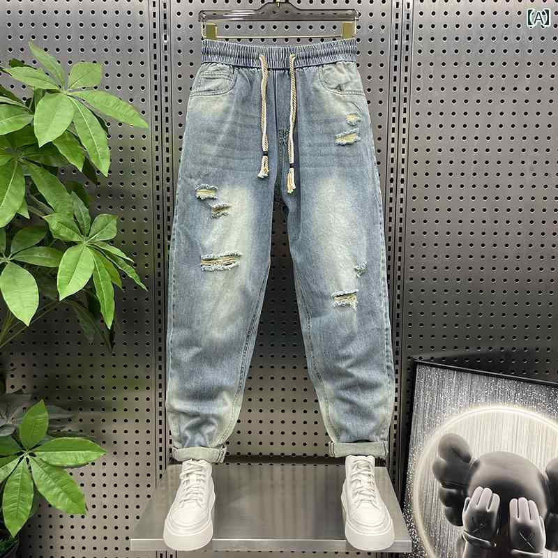 デニム メンズ パンツ カジュアル おしゃれ 夏 ストレート レッグ ダメージ ジーンズ ストレッチ ウエスト レトロ ズボン