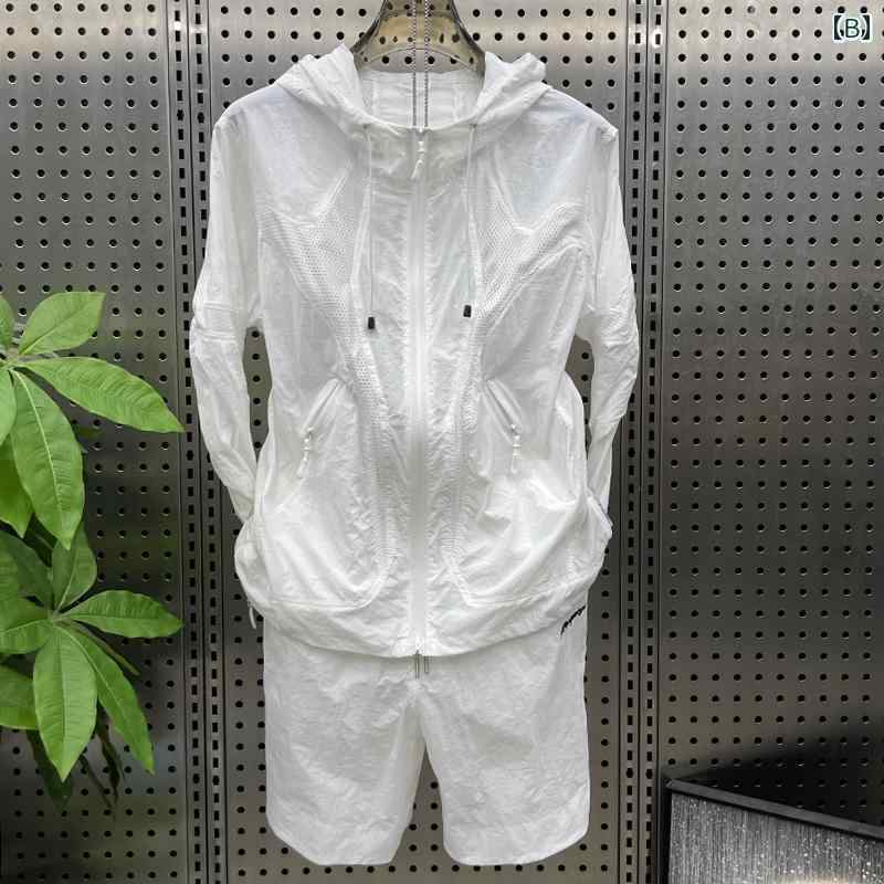 セットアップ メンズ カジュアル おしゃれ 普段使い 夏 薄手 涼しい 涼しい 日焼け防止 無地 シンプル フード メッシュ 通気性 快適 快適 2点 セット