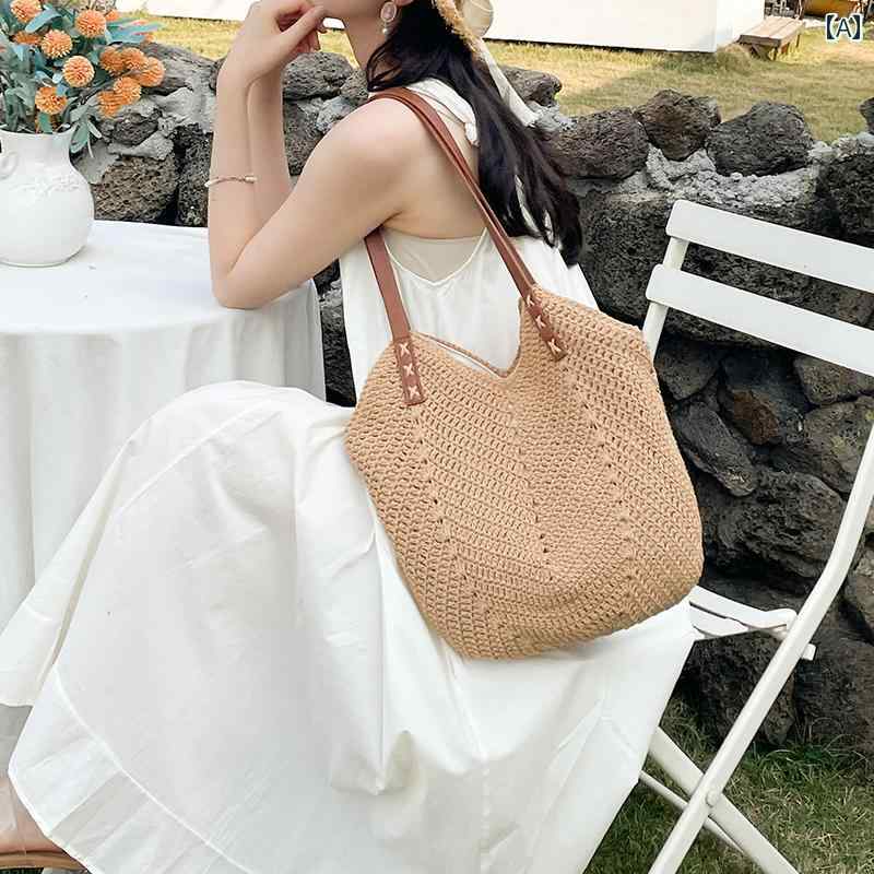 レディース バック おしゃれ 普段使い フランス 大容量 綿 織り シンプル ショルダー 麦わら かバック 海辺 休暇 ビーチ