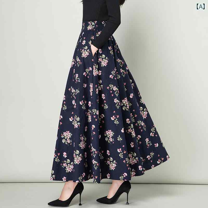 スカート レディース おしゃれ 上品 カジュアル 婦人服 秋冬 エスニック 綿 リネン ワイド スイング スクエアダンス ロング レトロ 大きめサイズ aライン ロング