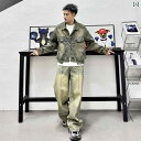 セットアップ メンズ カジュアル おしゃれ 普段使い アメリカン レトロ ウォッシュ 加工 デニム トレンド ジャケット コート ストレート パンツ 2点 セッ...