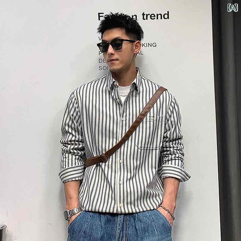 メンズ トップス カジュアル ファッション おしゃれ アメリカン レトロ ストライプ 長袖 シャツ 春秋 トレンド ゆったり 大きめサイズ シャツ ジャケット