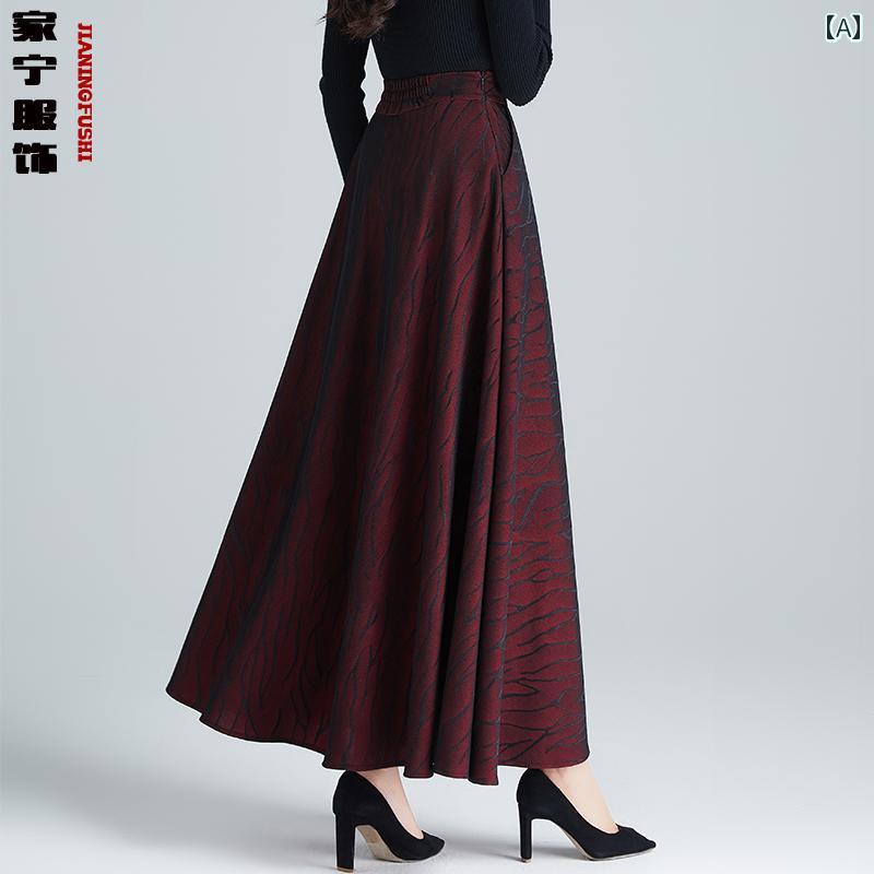 スカート レディース おしゃれ 上品 カジュアル 婦人服 赤 ハイウエスト 黒 プリント aライン アンブレラ 秋冬 スリム ロング 大きめサイズ カバー