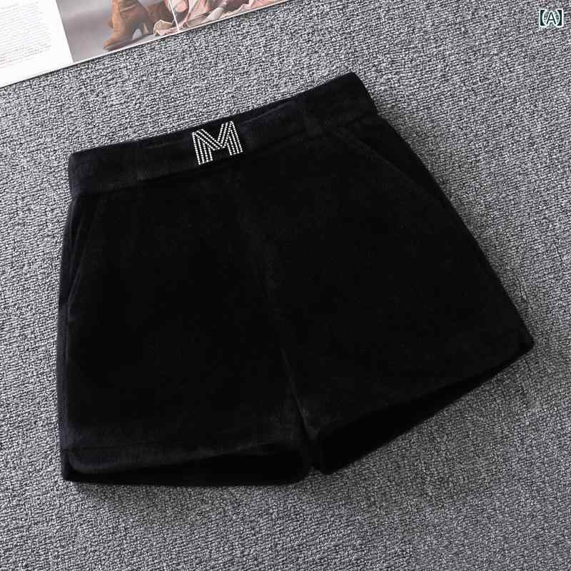 Nylon, Rayon, Polyester - ショートパンツ レディース カジュアル おしゃれ ファー 起毛 ショート パンツ スリム 秋冬 黒 ストレッチ ハイウエスト パンツ aライン アウター ブーツ パンツ
