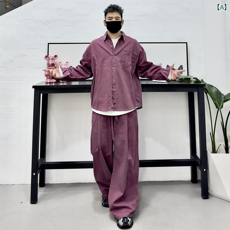 セットアップ メンズ カジュアル おしゃれ 春秋 デニムシャツ レトロ ギャラリー形 長袖 シャツ ワイドレッグ パンツ 2点セット