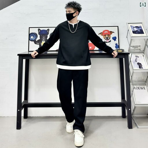 セットアップ メンズ カジュアル おしゃれ フェイク スウェットシャツ 韓国 シンプル プルオーバー 長袖 Tシャツ ストレート パンツ トレンディ セットアップ メンズ カジュアル おしゃれ フェイク スウェットシャツ 韓国 シンプル プルオーバー 長袖 Tシャツ ストレート パンツ トレンディ