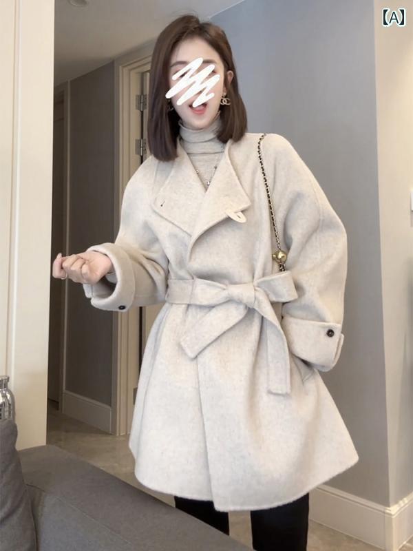 アウター レディース カジュアル おしゃれ 普段使い 韓国 ウール コート 丈 秋冬 スリム ベルト 快適 コート ウエスタン