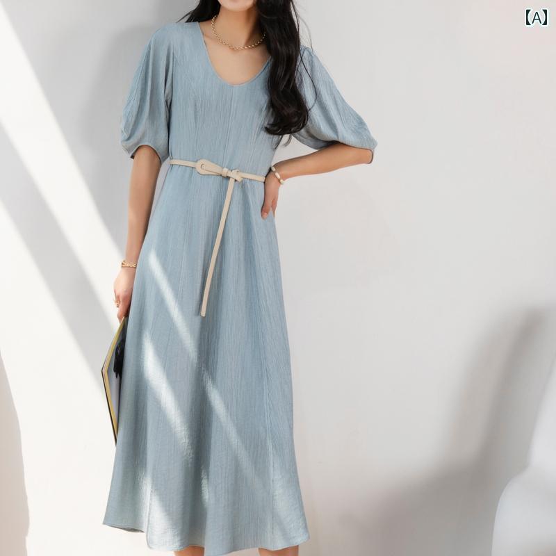 レディース ファッション カジュアル おしゃれ フレンチ レトロ ブルー ロング スカート ウエスト タイ プリーツ テクスチャー aライン ロング スカート