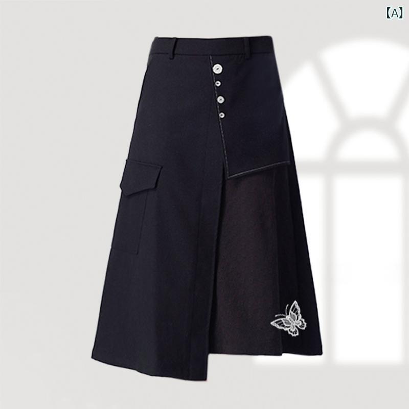スカート レディース おしゃれ カジュアル 上品 デート 女子会 蝶 刺繍 ブラック イレギュラー 新 軽量 涼しい 涼しい aライン