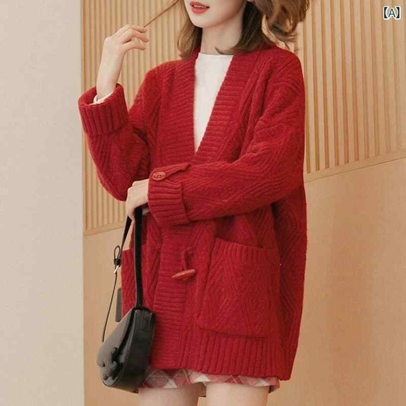 アウター レディース カジュアル おしゃれ 普段使い ニットカーディガン 秋冬 トグルボタン レッド セーター ジャケット 厚手 レングス ソフト ワックス ツイスト ゆったり