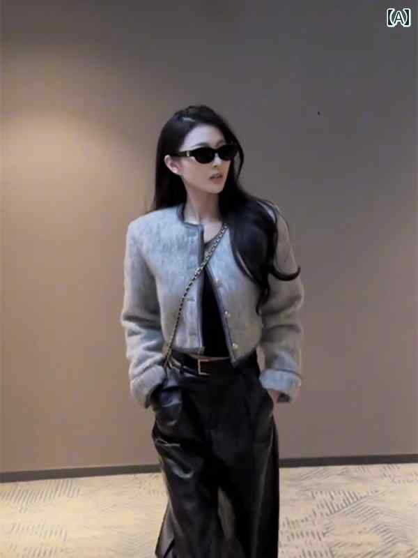 アウター レディース カジュアル おしゃれ 普段使い 秋 ショート ソリッドカラーラウンドネック シング..