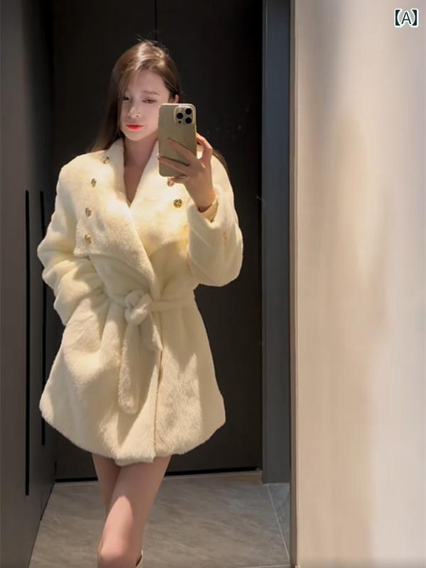 アウター レディース カジュアル おしゃれ 普段使い 秋冬 ゆったり 厚手 ファー 起毛 ブレスト 無地 長袖 ショート ウエスト ベルト ジャケット