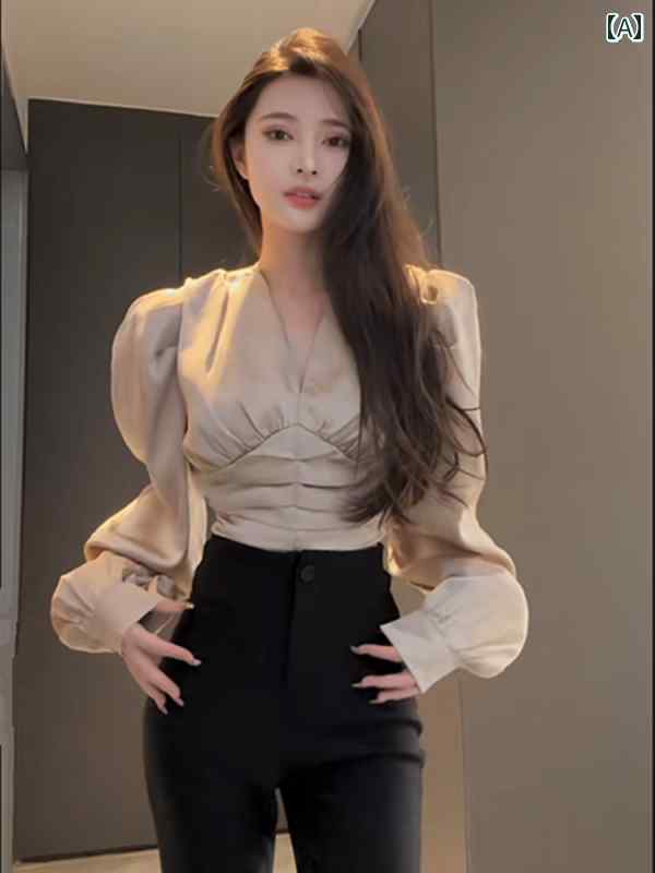 パンツ レディース カジュアル おしゃれ ズボン 秋 フレンチ Vネック プリーツ 長袖 シャツ ハイウエスト スリット マイクロフレア クール