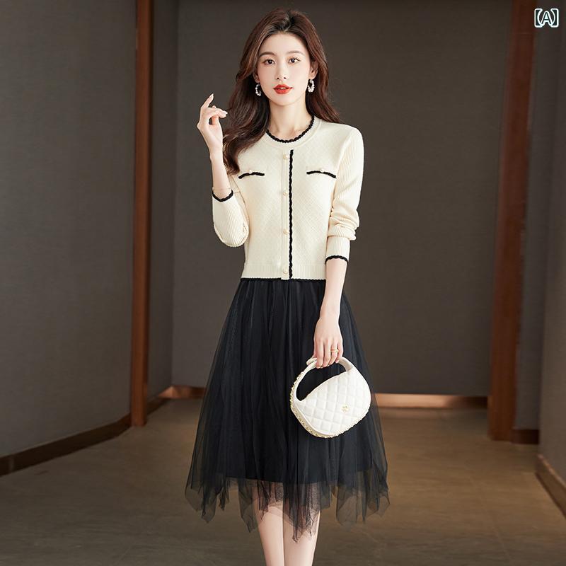 ワンピース レディース おしゃれ 上品 通勤 オフィス カジュアル デート 女子会 ニット ドレス 秋冬 レングス ウール ボトム スカート フェイクセットアップ 重ね着風 コート セーター スカート