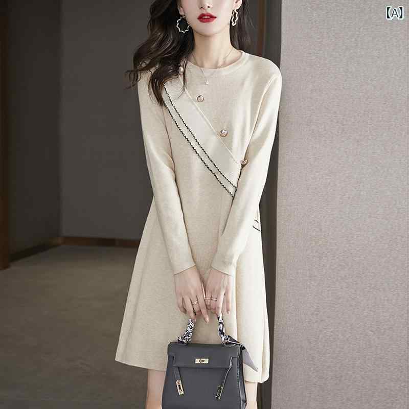 ワンピース レディース おしゃれ 上品 通勤 オフィス カジュアル デート 女子会 耳 エッジ ウール ニット ドレス 秋冬 セーター ドレス コート