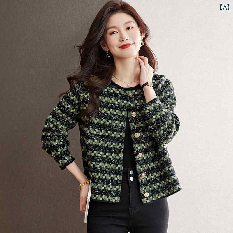 アウター レディース カジュアル おしゃれ 普段使い 秋服 ストライプセーター ジャケット ショート カジュアル ウール ニットカーディガン ウェア