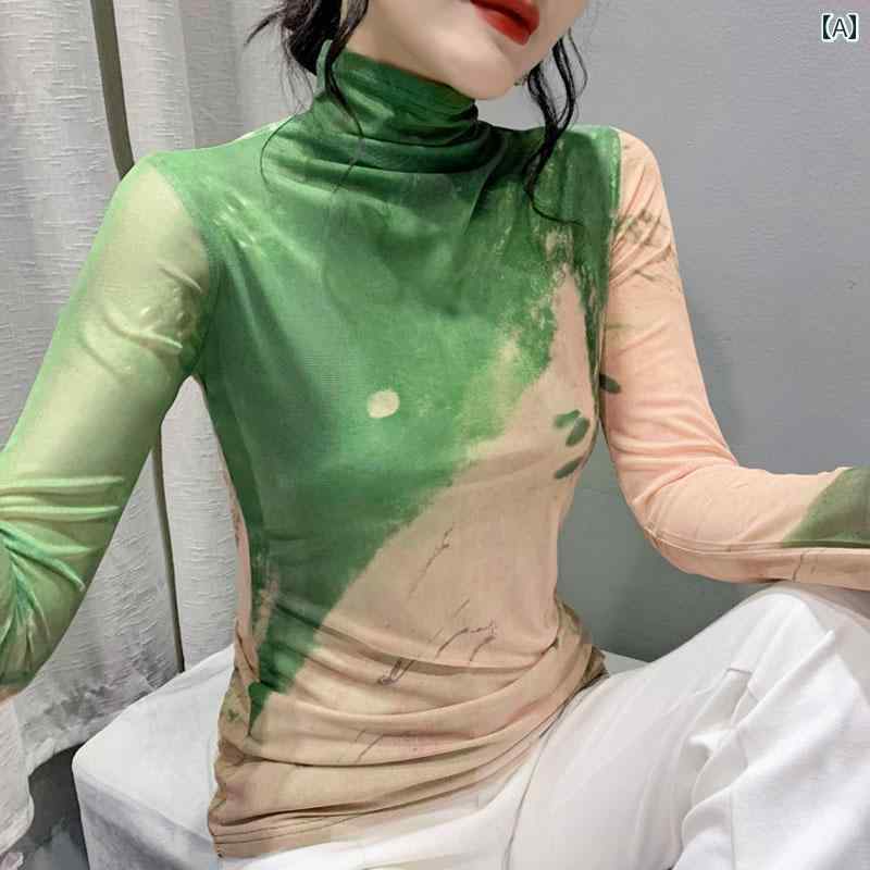 レディース トップス カジュアル おしゃれ エレガント 秋冬 メッシュ 長袖 Tシャツ 西洋風 プリント タイトフィット ハイネック ボトム シャツ