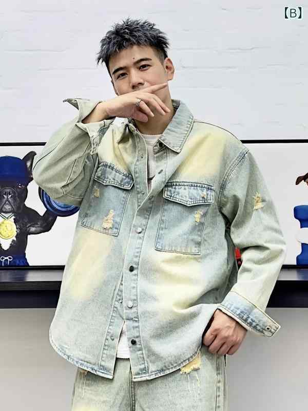 セットアップ メンズ カジュアル おしゃれ アメリカン ウォッシュ 加工 デニムシャツ 秋 穴 長袖 トレンディ