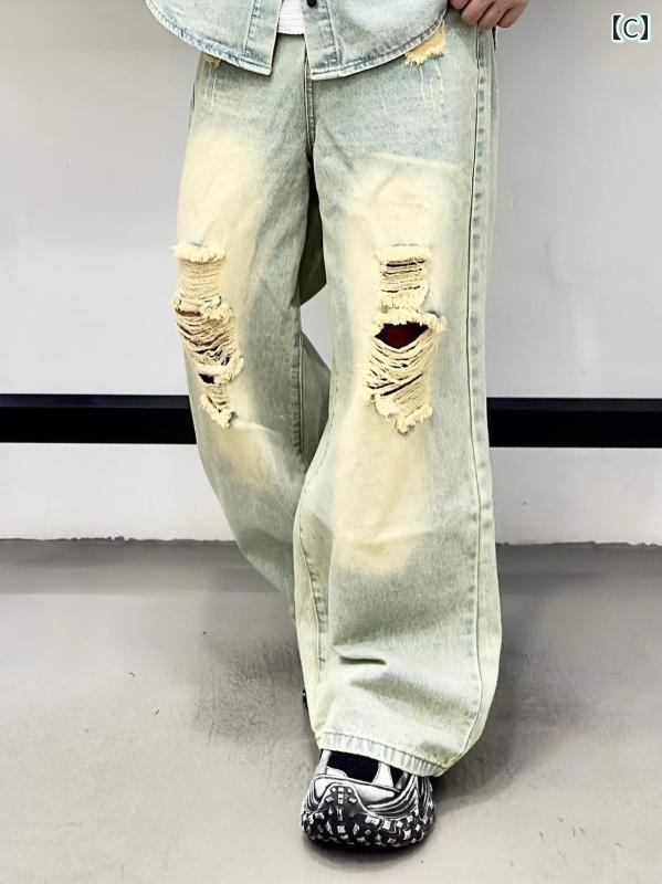 セットアップ メンズ カジュアル おしゃれ アメリカン ウォッシュ 加工 デニムシャツ 秋 穴 長袖 トレンディ