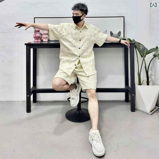 セットアップ メンズ カジュアル おしゃれ トレンド トレンド シャツ 夏 ライン ジャカード 綿 半袖 ショートパンツ 2枚 セットアップ メンズ カジュアル おしゃれ トレンド トレンド シャツ 夏 ライン ジャカード 綿 半袖 ショートパンツ 2枚