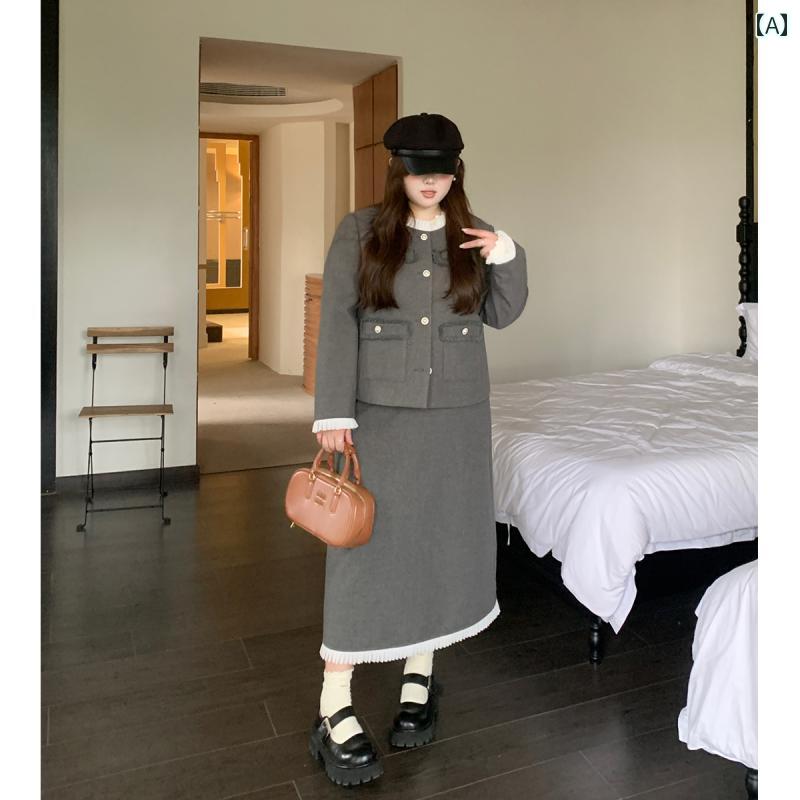 大きめサイズ レディース おしゃれ ファッション グレー フレンチ コート aライン ロング スカート 秋冬 ファッション