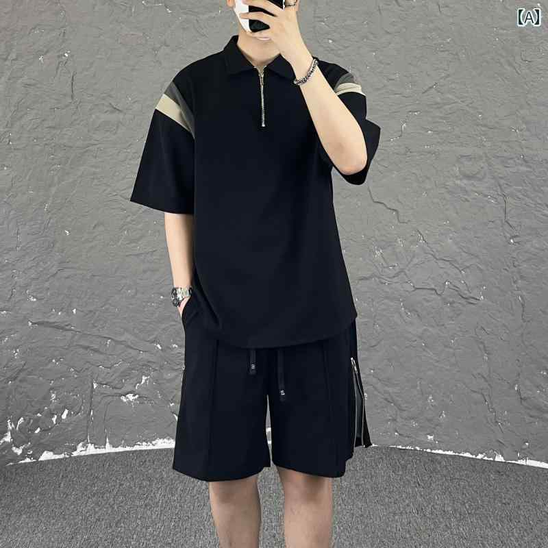 セットアップ メンズ カジュアル おしゃれ 普段使い 夏 シンプル ジッパー ポロ 2点 セット