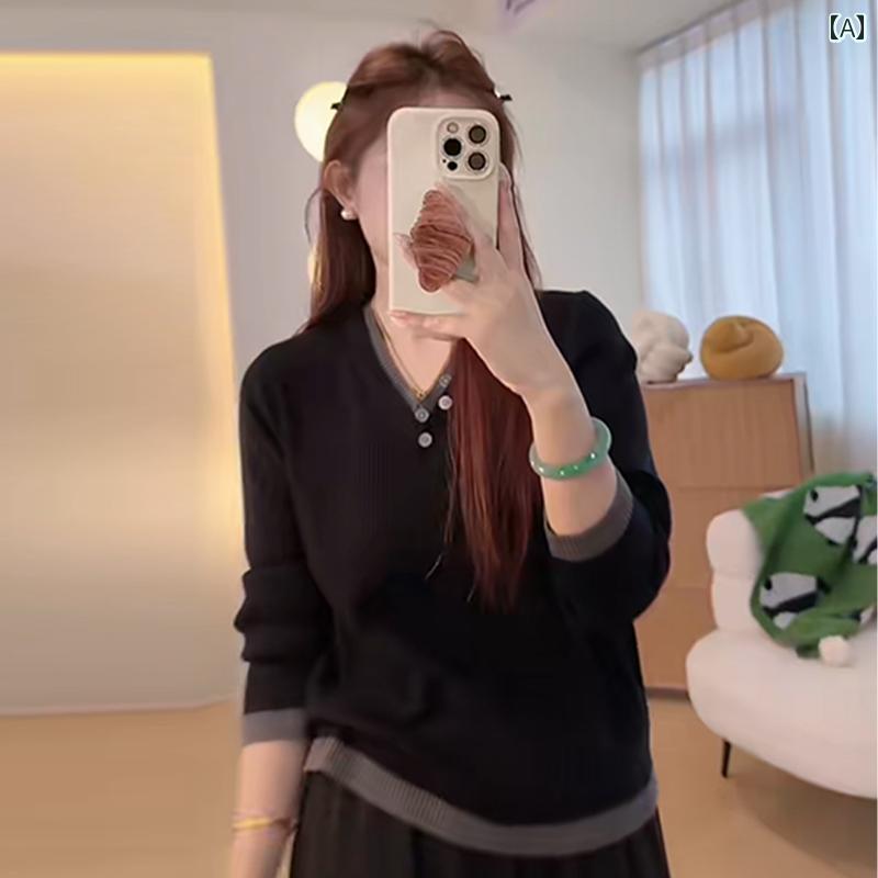 大きめサイズ レディース トップス カジュアル おしゃれ デート 女子会 普段使い 秋冬 Vネック カラー フェイク セットアップ ボトム シャツ スリム Tシャツ