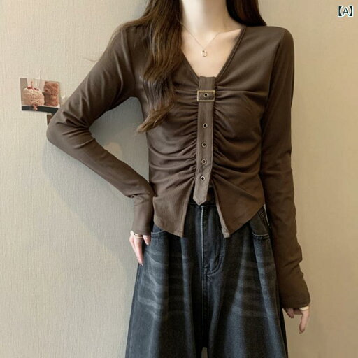 大きめサイズ レディース トップス カジュアル おしゃれ デート 女子会 普段使い プリーツ Vネック ボタン 不規則 長袖 Tシャツ 秋冬 体型カバー スリムフィット 大きめサイズ レディース トップス カジュアル おしゃれ デート 女子会 普段使い プリーツ Vネック ボタン 不規則 長袖 Tシャツ 秋冬 体型カバー スリムフィット