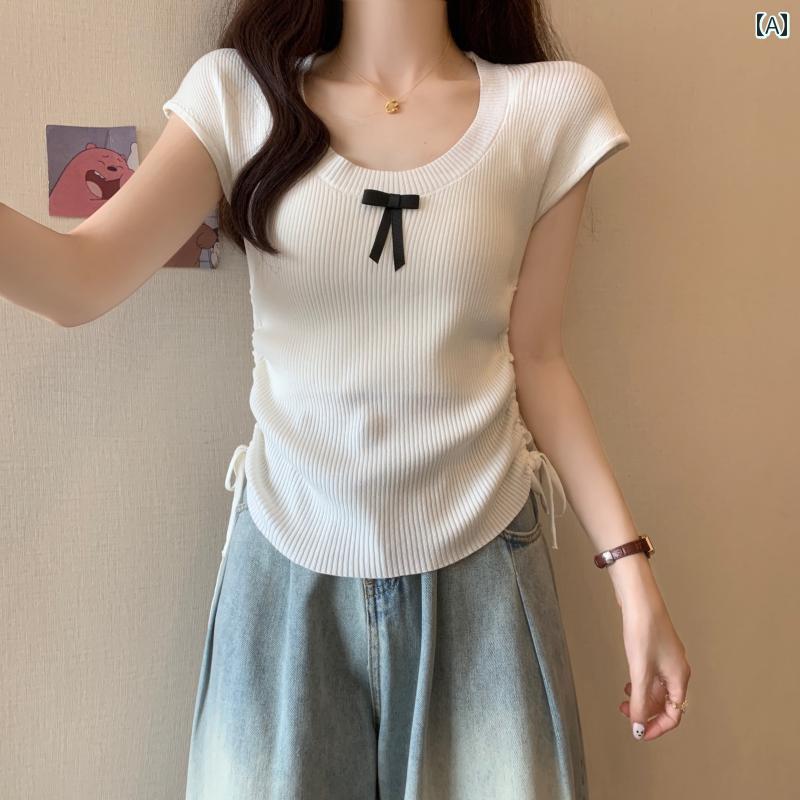 大きめサイズ レディース トップス カジュアル おしゃれ デート 女子会 普段使い リボン ひんやり 涼しい ニット ボト シャツ Tシャツ 夏 ショート 巾着 フライング スリーブ