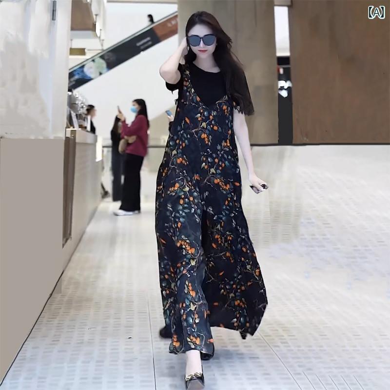 大きめサイズ レディース おしゃれ ファッション カジュアル デート 女子会 夏 ジャンプ モーダル コットン t シャツ 肩ひも ワイドレッグ パンツ