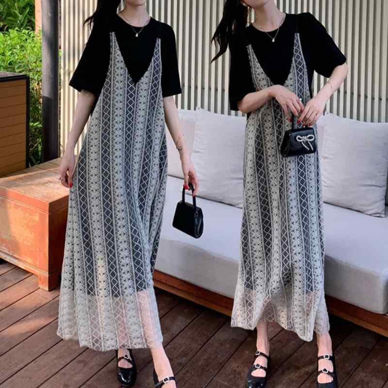 大きめサイズ レディース おしゃれ ファッション カジュアル デート 女子会 夏 婦人服 スリム フレンチ ジャカード メッシュ 肩ひも ドレス フェイク セットアップ Tシャツ ロング スカート