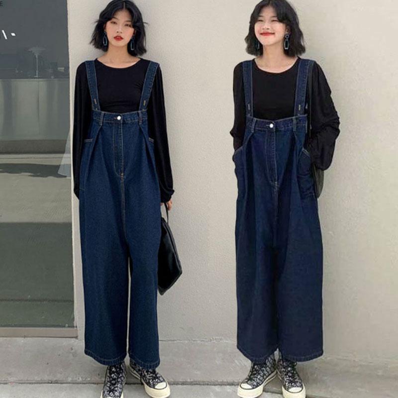 大きめサイズ レディース おしゃれ ファッション カジュアル デート 女子会 秋 婦人服 スリム 体型カバー 韓国 デニムオーバーオール ジャンプ Tシャツ