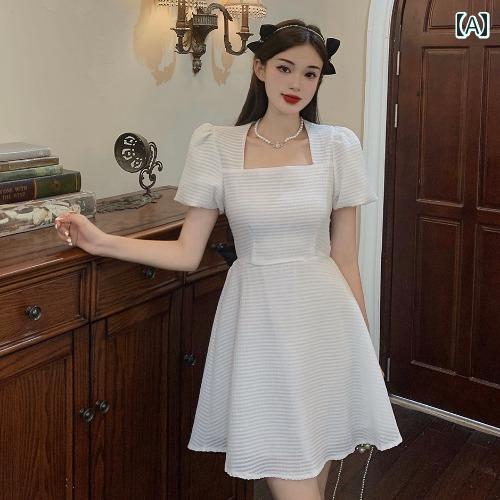 大きめサイズ レディース おしゃれ ファッション カジュアル フェミニン 上品 デート 女子会 夏 フレンチ ドレス ぽっちゃり バックレス スクエアネック 右 肩 パフスリーブ スカート