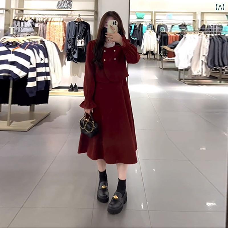 大きめサイズ レディース おしゃれ ファッション カジュアル フェミニン 上品 デート 女子会 フレンチ レトロ フェイク セットアップ コーデュロイ レースアップ 長袖 ドレス 秋冬 ウエスト スカート