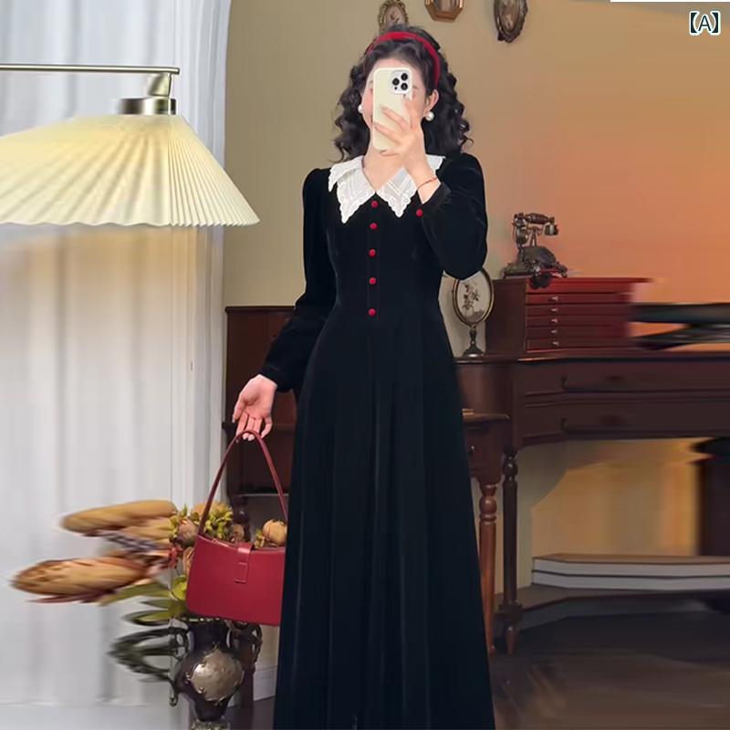 大きめサイズ レディース おしゃれ ファッション カジュアル フェミニン 上品 デート 女子会 ヘボン 式 豊か 娘 人形 襟 秋冬 ウエスト レトロ 起毛 ドレス