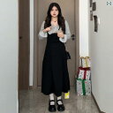 大きめサイズ レディース おしゃれ ファッション カジュアル フェミニン 上品 デート 女子会 フェイク セットアップ ドレス 秋冬 Vネック フレンチ ユニーク スカート