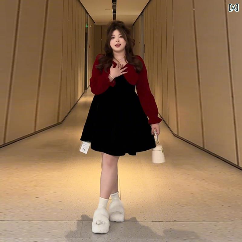 大きめサイズ レディース おしゃれ ファッション カジュアル フェミニン 上品 デート 女子会 裕福 娘 ドレス 秋冬 ガール ウエスト クリスマス スカート