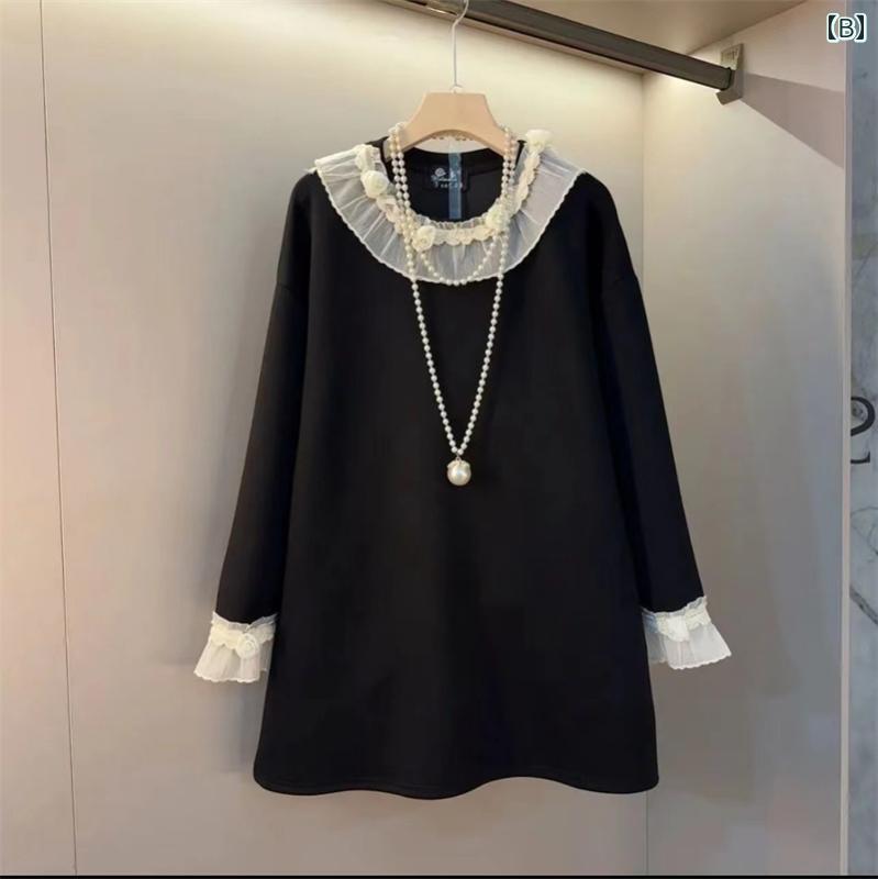 大きめサイズ レディース おしゃれ ファッション カジュアル フェミニン 上品 デート 女子会 レースフリル 襟 ヒップ カバー スリム リトル ブラック ドレス 西洋 ドレス