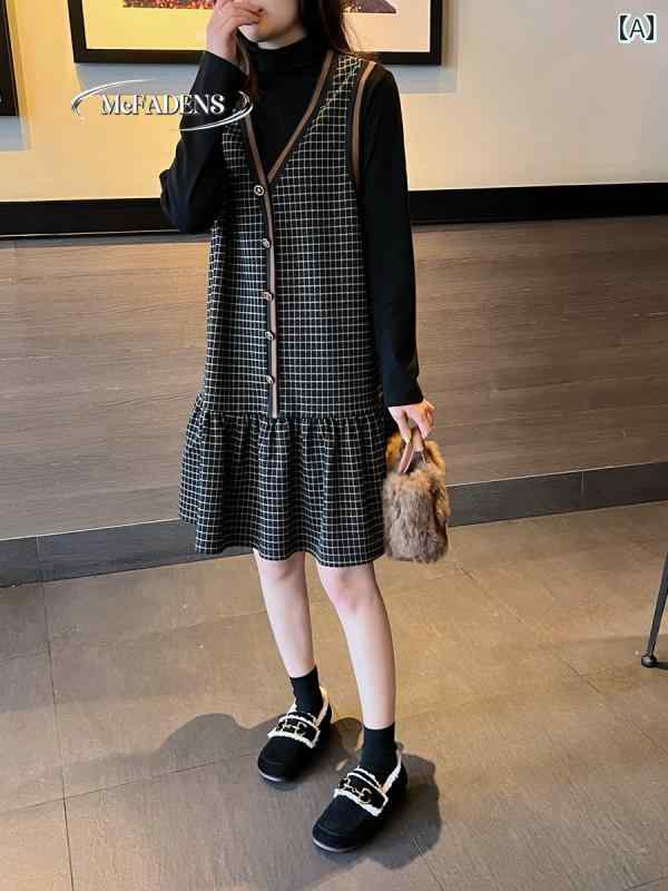 大きめサイズ レディース おしゃれ ファッション カジュアル フェミニン 上品 デート 女子会 フランス 春 フェイク セットアップ スカート カジュアル 長袖 ドレス