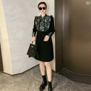 大きめサイズ レディース おしゃれ ファッション カジュアル フェミニン 上品 デート 女子会 ぽっちゃり レトロ プレート バックル フラッシュ 春秋 スリム 丈 ドレス