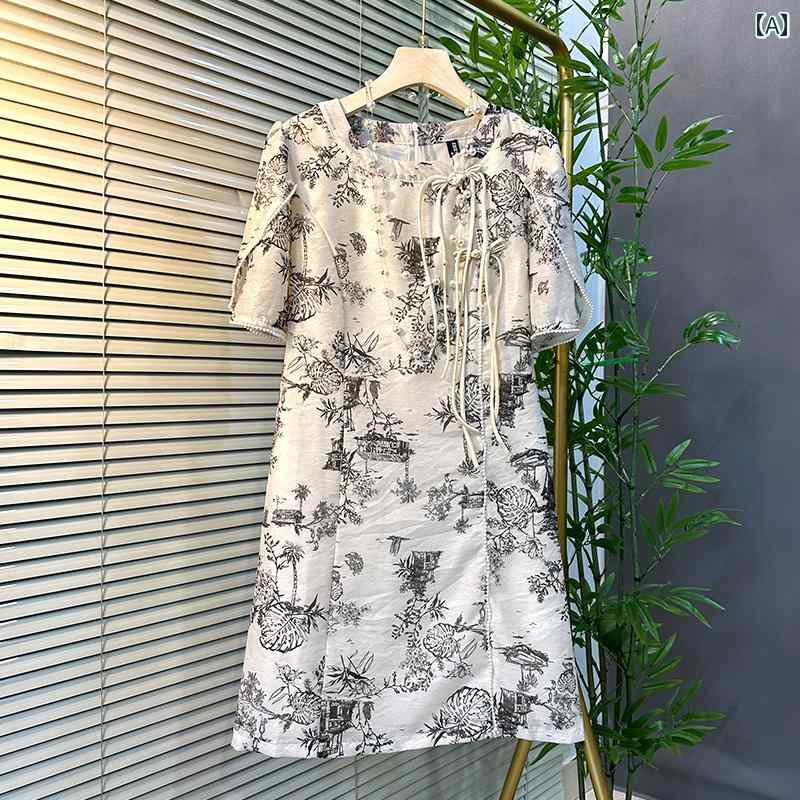 大きめサイズ レディース おしゃれ ファッション カジュアル フェミニン 上品 デート 女子会 夏新 ファッション 水墨画 チャイナ ドレス レトロ バックル ドレス