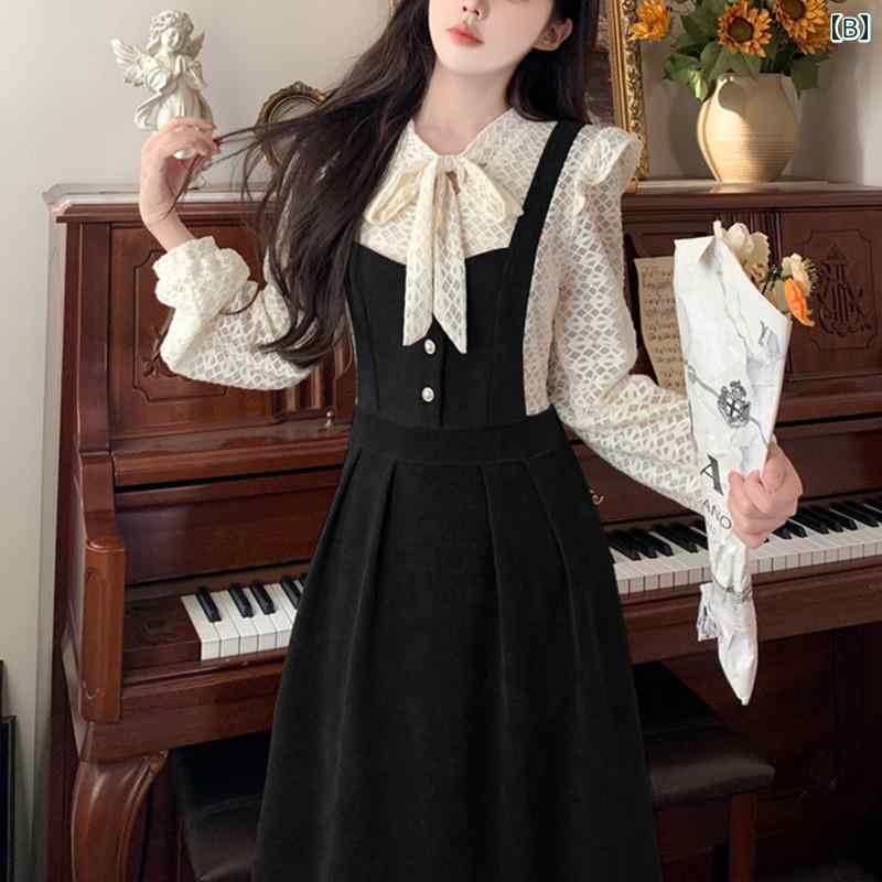 大きめサイズ レディース おしゃれ ファッション カジュアル フェミニン 上品 デート 女子会 フランス レース 冬 ドレス スリム 体型カバー 快適 フェイク セットアップ ロング スカート