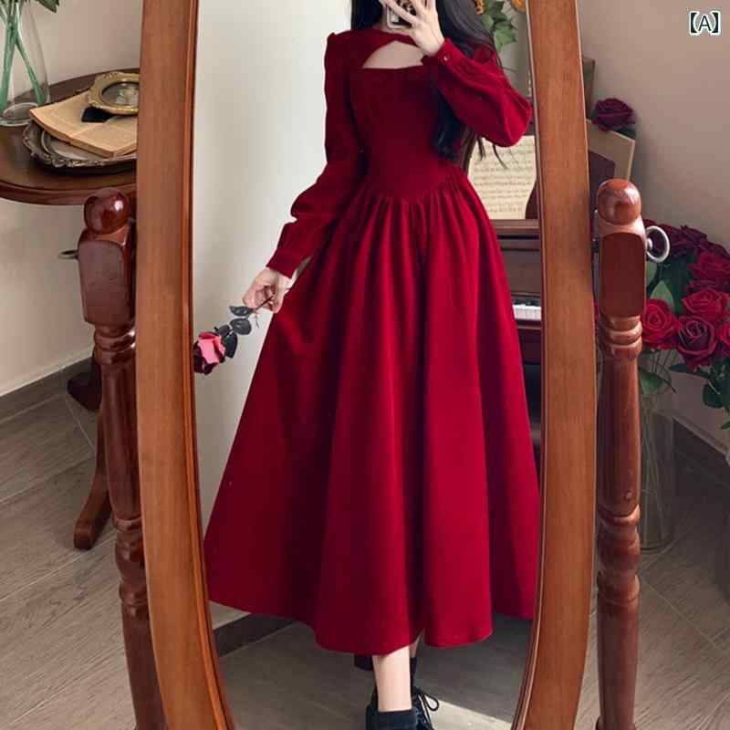 大きめサイズ レディース おしゃれ ファッション カジュアル フェミニン 上品 デート 女子会 秋冬 レトロ 赤 婚約 ホーム ドレス スリム エレガントに